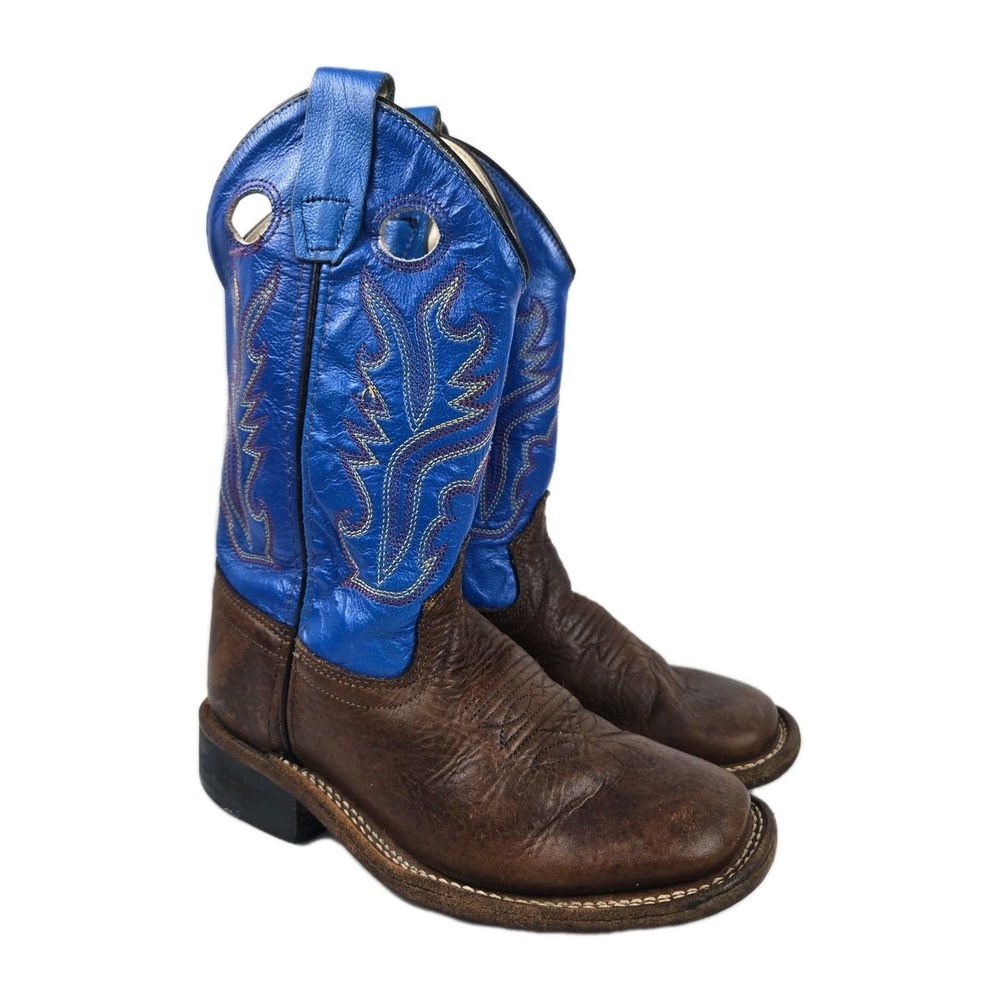 Old West BSC1840 Boys 11 Western Cowboy Boots Blue Brown Leather Square Toe VGC